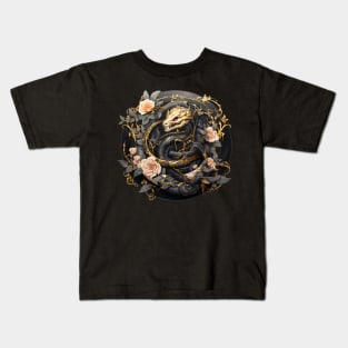 Snake And Roses Black And Gold Ouroboros Kids T-Shirt